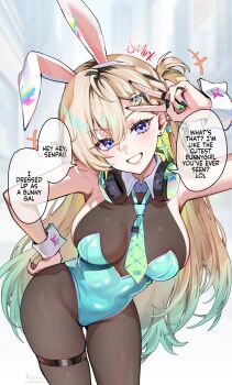 +++ 1girl alternate_costume animal_ear_hairband animal_ears aqua_leotard aqua_necktie arm_up bare_shoulders black_bodystocking black_nails blonde_hair blue_eyes blurry blurry_background bodystocking breasts cleavage commentary detached_collar earrings english_text fake_animal_ears fingernails foxyreine green_hair grin hair_between_eyes hair_ornament hairband headphones headphones_around_neck highleg highleg_leotard highres jewelry leaning_forward leotard long_fingernails long_hair looking_at_viewer lynae_(wuthering_waves) medium_breasts mole_beside_mouth nail_polish necktie outdoors playboy_bunny rabbit_ear_hairband rabbit_ears signature skull_hair_ornament smile solo star_(symbol) star_earrings strapless strapless_leotard thigh_strap thighs variant_set very_long_hair wrist_cuffs wuthering_waves