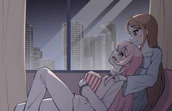 2girls bang_dream! bang_dream!_it's_mygo!!!!! blue_dress brown_hair chihaya_anon closed_mouth commentary couple dress fang food grey_eyes indoors jiwon_(sj1) long_hair long_sleeves multiple_girls nagasaki_soyo open_mouth pajamas pants pink_hair popcorn shirt teeth upper_teeth_only white_pants white_shirt yuri