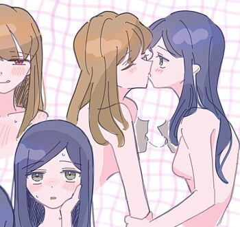 2026_01_03 2girls blue_hair blush breasts brown_hair closed_eyes french_kiss fujino_shizuru green_eyes grid_background hand_on_another's_face kiss kuga_natsuki long_hair looking_at_another multiple_girls my-hime nude pink_eyes saliva small_breasts sweat white_background yuri