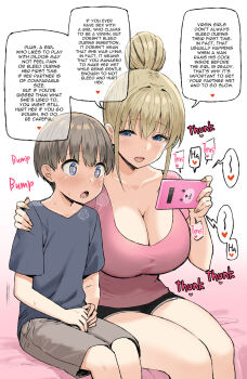 1boy 1girl age_difference bed blonde_hair blue_eyes blush breasts brown_hair cellphone cleavage commentary eye_reflection hard-translated hetero highres hinano_(sky-freedom) huge_breasts joshi_kousei_rich_thots large_breasts on_bed onee-shota phone pussy reflection scoop_neck sex_ed shirt shorts shota shota-kun_(sky-freedom) sitting size_difference sky-freedom smartphone source_request speech_bubble third-party_edit translated