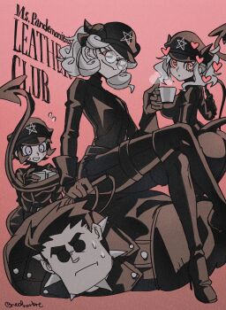 1boy 3girls :o absurdres arched_back ass azazel_(helltaker) bdsm belt belt_buckle black_belt black_boots black_gloves black_hair black_hat black_jacket blue_eyes bondage_outfit boots breasts buckle buttons camcorder camera closed_mouth coffee coffee_mug collar commentary crossed_legs cup curly_hair demon_girl demon_horns demon_tail dominatrix english_text fanbox_username femdom flying_sweatdrops forehead frown full_body girl_on_top glasses gloves hand_on_another's_back hat heart heart-shaped_pupils helltaker helltaker_(character) hetero high_heels highres holding holding_camera holding_cup holding_whip horns jacket large_breasts leather leather_belt leather_boots leather_gloves leather_jacket leather_suit limited_palette looking_at_another looking_at_viewer looking_down lying medium_hair mixed-language_commentary modeus_(helltaker) mug multiple_girls noah_(tettsui-sole) on_floor on_stomach open_mouth orange_background pandemonica_(helltaker) pentagram pince-nez recording red_eyes round_eyewear short_hair sideboob simple_background sitting sitting_on_person skin_tight small_breasts smile smirk spiked_collar spikes standing steam stiletto_boots stiletto_heels sunglasses sweatdrop symbol-shaped_pupils tail tareme thigh_boots tsurime video_camera visor_cap watermark whip white_hair wide-eyed