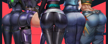 5girls ass ass_focus badcompzero bodysuit breasts from_behind head_out_of_frame highres huge_ass jett_(valorant) leaning leaning_forward leotard multiple_girls raze_(valorant) reyna_(valorant) sage_(valorant) shiny_clothes shiny_skin sideboob skin_tight valorant viper_(valorant)