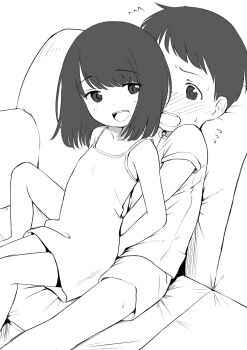 1boy 1girl assertive_female blush kodomo_doushi couch dress embarrassed flat_chest hetero highres implied_erection loli looking_back monochrome on_lap open_mouth original shirt shorts shota sitting smile spread_legs tamura-chan teasing