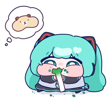 1girl aqua_eyes aqua_hair blush_stickers chibi chibi_only commentary_request eating food food_on_face full_body hamster hatsune_miku highres holding holding_food long_hair puffy_cheeks simple_background sitting solo speech_bubble spoken_animal spring_onion thought_bubble twintails vocaloid white_background yananang