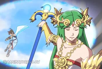 1boy 1girl animated arm_up breasts brown_hair closed_eyes green_hair hair_pulled_back hand_on_own_hair hand_on_own_head highres jewelry kid_icarus large_breasts legs long_hair meme naoya_hitting_choso_without_looking_(meme) nintendo open_mouth palutena pit_(kid_icarus) shorts staff super_smash_bros. surprised tagme teeth thighs tongue video