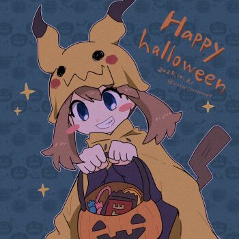 blue_eyes brown_hair candy chocolate cosplay food gen_1_pokemon halloween_bucket halloween_costume happy_halloween highres holding may_(pokemon) nintendo pikachu pikachu_(cosplay) pokemon pokemon_rse pumpkin smile sparkle tail teeth xrqu2xk8qb47501