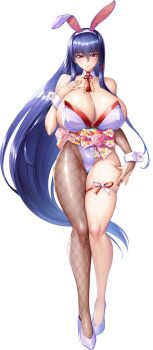 1girl :&gt; akiyama_rinko alternate_costume breasts ciilinp curvy detached_collar highleg highleg_leotard highres huge_breasts leotard lilith-soft long_hair official_alternate_costume playboy_bunny purple_eyes revealing_clothes shiny_skin smile standing strapless strapless_leotard taimanin_(series) taimanin_rpgx taimanin_yukikaze transparent_background very_long_hair white_leotard wide_hips