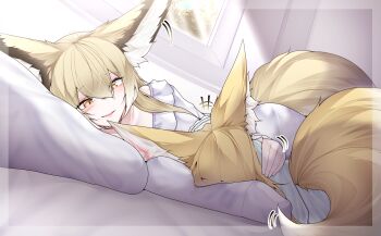 2girls absurdres animal_ears arknights blonde_hair closed_mouth commentary dated_commentary fox_ears fox_girl fox_tail highres kitsune kyuubi long_hair lying mother_and_daughter multiple_girls multiple_tails on_side samip suzuran_(arknights) tail vulpisfoglia_(arknights)