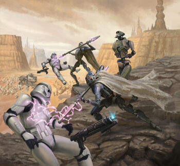 5boys armor brown_cape cape clone_trooper desert electricity electrostaff gun highres holding holding_staff holding_weapon ig-100_magnaguard multiple_boys outdoors phase_ii_clone_trooper robot romain_kurdi staff star_wars weapon white_armor