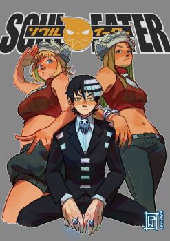 1boy 2girls black_hair blonde_hair blue_eyes bracelet closed_mouth commentary copyright_name cowboy_hat crop_top death_the_kid elizabeth_thompson formal_clothes glint grey_background hat highres jacket_mine jewelry long_hair looking_at_viewer multiple_girls patricia_thompson ring short_hair siblings simple_background sisters sitting soul_eater suit v yellow_eyes