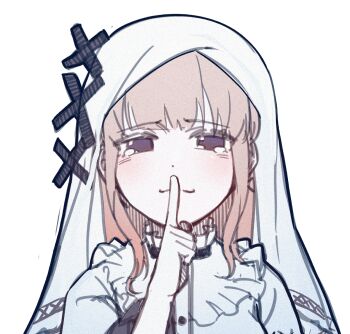 Rule 34 | 1girl, bai weizi lingzi, blonde hair, blunt bangs, closed mouth, commentary request, finger to mouth, gloves, hand up, highres, hikami meruru, index finger raised, long hair, long sleeves, looking at viewer, mahou shoujo no majo saiban, purple eyes, shushing, simple background, smile, solo, tears, upper body, veil, white background, white gloves, white veil