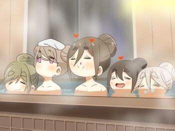 5girls akiyama_haruno amamiya_satsuki_(mono) aroused_nosebleed black_hair blood blush brown_hair closed_eyes closed_mouth collarbone crossover double_bun hair_between_eyes hair_bun heart indoors inuyama_aoi karuta_(karuta01) kiriyama_an mono_(afro) multiple_girls nosebleed onsen open_mouth partially_submerged purple_eyes relaxing shikishima_sakurako sidelocks smile steam thick_eyebrows yuri yurucamp