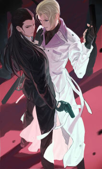 2boys absurdres bindi black_footwear black_gloves black_hair black_jacket black_necktie black_pants black_shirt black_suit blonde_hair blue_eyes brown_eyes coat collared_shirt dual_wielding earrings final_fantasy final_fantasy_vii final_fantasy_vii_remake formal_clothes from_above gloves gun hair_pulled_back hair_slicked_back hand_on_another's_chest handgun highres holding holding_gun holding_weapon jacket jewelry long_coat long_hair long_sleeves looking_at_another male_focus multiple_boys necktie pants parted_bangs rufus_shinra shirt short_hair shou_rou sidelocks suit suit_jacket tseng weapon white_coat white_shirt yaoi