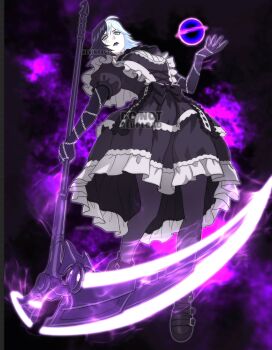 1girl black_hair black_lips blue_eyes destiny_(game) destiny_rising goth_fashion gwynn_(destiny_rising) highres holding holding_scythe kevin_raganit lipstick looking_at_viewer maid makeup multicolored_hair purple_theme scythe solo white_hair