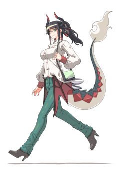 1girl alternate_costume alternate_hairstyle black_hair blue_pants breasts closed_mouth collared_shirt commentary_request dragon_girl dragon_horns dragon_tail dragon_wings duel_monster full_body glasses green_eyes hair_between_eyes highres horns house_dragonmaid long_sleeves looking_at_viewer medium_breasts pants ponytail shibumi shirt simple_background smile solo tail walking white_background white_shirt wings yu-gi-oh!
