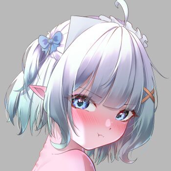 1girl :i angry blue_eyes blush commentary cropped densetsu.exe ear_blush english_commentary gradient_hair green_hair grey_background hair_ornament hairclip highres looking_at_viewer maid_headdress mint_fantome multicolored_hair pointy_ears pout puffy_cheeks short_hair shoulder_blush simple_background spine syxh triangular_headpiece two_side_up virtual_youtuber wavy_hair x_hair_ornament