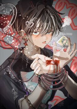 1boy black_hair black_shirt blood blood_on_hands blue_eyes bound bound_wrists commentary_request ear_piercing grey_streaks hair_between_eyes hands_up highres holding holding_photo looking_at_viewer male_focus multicolored_eyes multicolored_hair open_mouth original photo_(object) piercing red_eyes sahi00000 shirt short_hair solo streaked_hair sweat thermometer two-tone_eyes upper_body