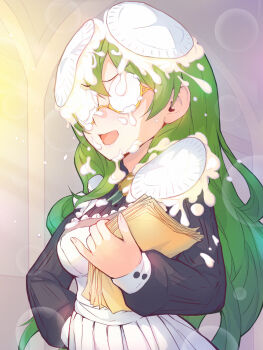 1girl apron bad_id bad_pixiv_id black_dress breasts commentary_request cream dress food food_on_face green_hair hand_on_own_hip highres holding holding_paper in_the_face karin_(princess_connect!) lens_flare long_hair maid_apron medium_breasts open_mouth paper pie princess_connect! round_eyewear semi-rimless_eyewear solo throwing throwing_food throwing_pie upper_body v-shaped_eyebrows yako_noir