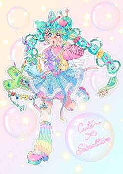 1girl absurdres aqua_hair aqua_skirt asymmetrical_footwear asymmetrical_legwear bag_charm bead_bracelet beads bow-shaped_hair bracelet braid bubble cardigan charm_(object) colorful commentary cute_x_subculture_hatsune_miku_design_contest decora english_commentary fairy_kei fashion food-themed_bag garter_straps hair_bun hatsune_miku highres hikarisoul jewelry leg_up leg_warmers legwear_garter long_hair looking_at_viewer mary_janes mismatched_footwear mismatched_legwear multi-tied_hair needle one_eye_closed open_cardigan open_clothes pastel_colors sewing_needle shirt shoes skirt socks solo thighhighs very_long_hair vocaloid walking white_shirt white_socks white_thighhighs yarn yarn_ball yellow_cardigan yume_kawaii