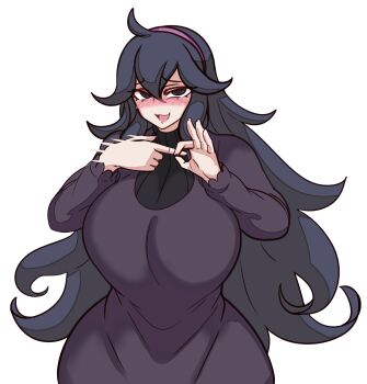 1girl @_@ absurdres ahoge alternate_breast_size_(larger) blush breasts dress gesture hair_between_eyes hairband hex_maniac_(pokemon) hex_maniac_(pokemon_xy) highres huge_breasts long_dress long_hair nicecream nintendo penetration_gesture pokemon pokemon_xy purple_eyes purple_hair purple_hairband sexually_suggestive smile solo wide_hips