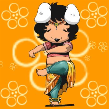 1girl :3 alternate_costume animal_ears anklet barefoot black_hair blue_pants circlet closed_eyes commentary_request crop_top dancer dancing floppy_ears full_body inaba_tewi jewelry midriff navel onikobe_rin open_mouth orange_background orange_skirt pants rabbit_ears rabbit_girl red_shirt shirt short_hair short_sleeves skirt smile solo standing standing_on_one_leg touhou