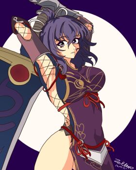 Rule 34 | 1girl, absurdres, ao no kiseki, arm guards, bow-shaped hair, breasts, china dress, chinese clothes, clothing cutout, commentary, crescent, crescent necklace, cross-laced clothes, cross-laced cutout, dress, eiyuu densetsu, english commentary, gauntlets, greatsword, half updo, highres, holding, holding weapon, huge weapon, jewelry, large breasts, necklace, purple eyes, purple hair, rixia mao, simple background, single gauntlet, sword, twzettai, weapon, zero no kiseki