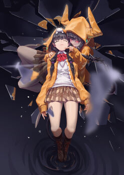 1girl absurdres animal_hood asakura_karen_(heaven_burns_red) black_hair boots bow bowtie broken_glass brown_skirt cat cheek_poking closed_eyes collared_shirt commentary_request crack cracked_glass different_reflection dual_persona evil_smile full_body glass glass_shards glowing glowing_eyes hand_on_another's_shoulder heaven_burns_red highres hood hood_up hooded_jacket hoodie horns jacket knife long_hair long_sleeves low_twintails mechanical_tail on_head open_clothes open_hoodie orange_hoodie orange_jacket plaid_clothes plaid_skirt pleated_skirt poking red_bow red_bowtie red_eyes reflection ripples school_uniform shirt skirt smile socks sweater_vest tail tinamou twintails white_cat white_shirt yellow_jacket