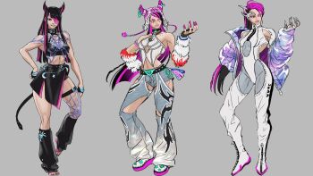 aespa alternate_costume alternate_hairstyle asymmetrical_legwear bare_shoulders belt black_hair boots breasts cleavage_cutout clothing_cutout concept_art detached_sleeves eyepatch full_body grey_background hair_horns hair_ornament han_juri hand_on_own_hip hood hoodie latex long_hair medium_breasts model_sheet official_art shoes shorts silk sketch sneakers spider_web street_fighter street_fighter_6 toeless_legwear zipper