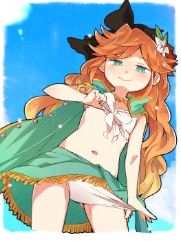 1girl bikini_pull blush cloak clothes_pull commentary_request flat_chest flower granblue_fantasy green_eyes hair_flower hair_ornament highres long_hair navel orange_hair sara_(granblue_fantasy) smile solo yucopi