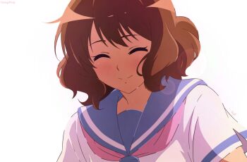 1girl ^_^ anime_coloring artist_name blue_sailor_collar brown_hair closed_eyes closed_mouth commentary english_commentary facing_viewer happy hibike!_euphonium kitauji_high_school_uniform lens_flare neckerchief oumae_kumiko pink_neckerchief portrait sailor_collar school_uniform serafuku shirt short_hair simple_background smile solo summer_uniform usagihop wavy_hair white_background white_shirt