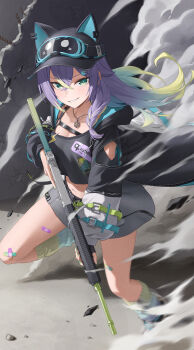 Rule 34 | 1girl, absurdres, animal ear headwear, arm cutout, assault rifle, bacon quiche, bandaid, bandaid on leg, black gloves, black hat, black jacket, black shirt, black shoes, blush, breasts, chest belt, cleavage, clothing cutout, collarbone, commentary, crack, cracked wall, crop top, crossed bangs, debris, fake animal ears, fingerless gloves, gloves, goggles, goggles on headwear, gradient hair, gradient nails, green eyes, green nails, grey skirt, grin, gun, hair between eyes, hat, highres, hitomi (meridian project), holding, holding gun, holding weapon, hood, hooded jacket, jacket, jewelry, legs, lightning bolt symbol, long sleeves, medium breasts, meridian project, miniskirt, motion blur, multicolored hair, nail polish, navel, necklace, parted lips, purple hair, rifle, rock, shirt, shoes, sidelocks, skirt, smile, smoke, sneakers, streaked hair, thighs, two-sided fabric, two-sided jacket, virtual youtuber, weapon