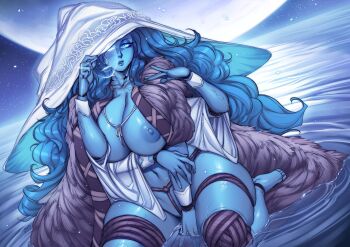 1girl absurdres alternate_breast_size_(larger) blue_eyes blue_hair blue_skirt breasts breasts_out clothes colored_skin curvy doll_joints elden_ring extra_arms female_focus fromsoftware gofa hat highres huge_breasts joints long_hair looking_at_viewer nipples one_eye_closed open_mouth ranni_the_witch sitting skirt sky solo star_(sky) starry_sky thick_thighs thighs very_long_hair water white_hat wide_hips witch witch_hat