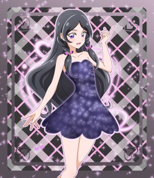 1girl :d absurdres anime_coloring artist_name bare_arms bare_legs bare_shoulders black_background black_border black_dress black_hair border braid breasts collarbone commentary curled_fingers diamond-shaped_pupils diamond_(shape) dress feet_out_of_frame fingernails gingham_background glowing glowing_dress hair_ornament hair_ribbon hand_up heart heart_background henshin highres index_finger_raised kimi_to_idol_precure legs_together light_blush long_hair looking_at_viewer low_twin_braids meroron_(human_form) meroron_(precure) open_mouth outline outside_border parted_bangs pink_ribbon precure purple_eyes purple_outline ribbon sakuragawa3710 short_dress small_breasts smile solo sparkle sparkle_background spread_fingers standing strapless strapless_dress symbol-shaped_pupils teeth twin_braids upper_teeth_only very_long_hair