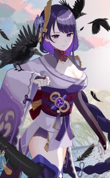 1girl absurdres animal arm_up bird blunt_bangs braid breasts bridal_gauntlets cleavage closed_mouth collarbone commentary crow eyeliner genshin_impact hair_ornament hair_ribbon highres japanese_clothes kimono large_breasts lingerie makeup mannan_(zwei_strum) mitsudomoe_(shape) mole mole_under_eye neck_ribbon off_shoulder outdoors purple_eyes purple_hair purple_kimono purple_thighhighs raiden_shogun red_eyeliner red_ribbon red_sash ribbon sash shade single_braid sky solo_focus standing thighhighs tomoe_(symbol) too_many too_many_birds underwear upper_body
