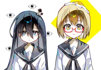 2girls black_hair black_neckerchief black_sailor_collar blonde_hair blue_eyes diamond_(shape) disembodied_eye expressionless food food_on_head fried_egg glasses highres hiro_(yoshi_chan) long_hair multiple_girls mushroom_on_head neckerchief object_on_head red-framed_eyewear sailor_collar school_uniform shimeji_simulation shirt short_hair smile tsukishima_shijima white_background white_shirt yamashita_majime yellow_eyes