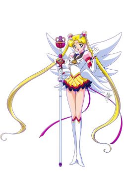 1girl bishoujo_senshi_sailor_moon bishoujo_senshi_sailor_moon_sailor_stars bishoujo_senshi_sailor_moon_stars blonde_hair blue_eyes boots brooch crescent crescent_earrings crescent_facial_mark double_bun earrings elbow_gloves eternal_sailor_moon facial_mark female_focus forehead_mark frilled_skirt frills gloves hair_bun heart heart_brooch high_heel_boots high_heels highres jewelry knee_boots long_hair magical_girl marco_albiero miniskirt open_mouth sailor_moon sailor_senshi_uniform signature simple_background skirt smile solo staff star_(symbol) star_earrings tsukino_usagi twintails very_long_hair white_background white_boots white_gloves wing_brooch wings