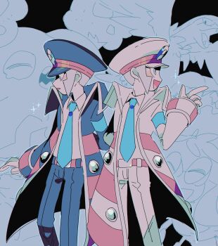 Rule 34 | 2boys, archeops, arm behind back, black coat, black hat, black pants, brothers, coat, commentary request, crustle, emmet (pokemon), garbodor, gen 5 pokemon, grey eyes, grey hair, hat, highres, index finger raised, ingo (pokemon), kari (user grrs8577), male focus, multiple boys, necktie, nintendo, pants, peaked cap, pokemon, pokemon (creature), pokemon bw, shirt, siblings, twins, white coat, white hat, white pants, white shirt