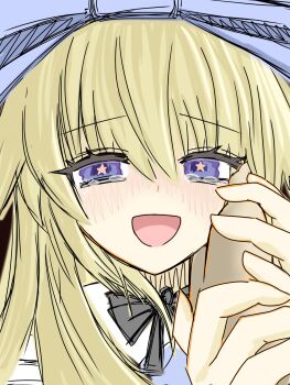 1boy 1girl :d alice_(black_souls) alice_(black_souls)_(cosplay) black_ribbon black_souls black_souls_2 blonde_hair blue_bow blush bow bright_pupils chinese_commentary commentary_request cosplay grimm_(black_souls) hair_between_eyes hair_bow hair_flaps hand_on_own_cheek hand_on_own_face highres holding_hands large_bow long_hair looking_at_viewer neck_ribbon nose_blush open_mouth portrait pov pov_hands prickett_(black_souls) purple_eyes ribbon sad_smile smile solo_focus spoilers star-shaped_pupils star_(symbol) straight_hair symbol-shaped_pupils tearing_up tears tianyingyyy0721 wavy_eyes yellow_pupils