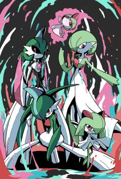 1boy 1girl 2025 3others abstract_background arm_blade armor black_sclera blue_hair bob_cut colored_sclera colored_skin commentary dress floating full_body gallade gardevoir gen_3_pokemon gen_4_pokemon gen_9_pokemon green_hair green_skin hair_over_one_eye hand_up happy highres iron_valiant joints kirlia looking_at_viewer mohawk multicolored_hair multicolored_skin multiple_others nintendo no_mouth one_eye_covered onigiri_debu open_mouth outline pink_eyes pixel_eyes pokemon pokemon_(creature) pokemon_focus pokemon_sv ralts red_eyes robot robot_joints serious short_hair smile squatting standing sword two-tone_hair two-tone_skin waist_cape weapon white_armor white_dress white_skin
