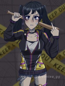 1girl alternate_hairstyle animal_print artist_name artist_request bare_legs bare_shoulders bear_print black_choker black_hair black_jacket blue_hair blue_pants blue_shorts blush bow breasts choker cleavage collarbone crown_print dark_blue_hair denim denim_shorts diamond_earrings earrings facial_mark facial_tattoo female_focus frilled_thigh_strap grey_eyes hair_bow hair_ornament hair_scrunchie highres holding holding_bat jacket jewelry long_hair long_sleeves looking_at_viewer love_live! love_live!_nijigasaki_high_school_idol_club love_live!_school_idol_festival love_live!_school_idol_festival_all_stars middle_finger necklace open_clothes open_jacket panda_print pants parted_lips pioneering_a_new_world_(love_live!) purple_bow purple_scrunchie scrunchie shirt short_shorts shorts small_breasts smile solo sparkle sparkle_print star_(symbol) star_tattoo tank_top tattoo thigh_strap thunder_hair_ornament thunder_necklace twintails v-shaped_eyebrows white_bow white_scrunchie white_shirt white_tank_top x_hair_ornament yellow_jacket yuki_setsuna zipper zipper_pull_tab