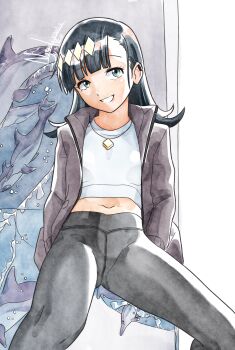 1girl absurdres asymmetrical_bangs black_hair black_pants coat commentary dated english_commentary eyelashes green_eyes grey_coat high-waist_pants highres jewelry long_hair medalist_(manga) midriff nanaeljustice navel necklace okazaki_iruka open_clothes open_coat pants shark shirt signature smile solo standing white_shirt