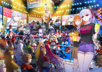 6+boys 6+girls abs achilles_(fate) alessandro_di_cagliostro_(fate) aozaki_aoko asclepius_(fate) ashoka_(fate) barghest_(fate) bb_(fate) bb_dubai_(fate) bhima_(fate) biscione_(fate) blonde_hair blue_eyes boxing_ring breasts brown_hair caenis_(fate) censored chair colored_extremities commentary_request dante_alighieri_(fate) demon_horns dragon_girl dragon_horns dragon_tail drink edward_teach_(fate) elizabeth_bathory_(fate) elizabeth_bathory_(perfect)_(fate) elizabeth_bathory_(perfect)_(first_ascension)_(fate) fate/grand_order fate_(series) florence_nightingale_(fate) food fou_(fate) french_fries fujimaru_ritsuka_(female) fujimaru_ritsuka_(male) gradient_hair green_hair harada_sanosuke_(fate) hassan_of_serenity_(fate) hassan_of_the_cursed_arm_(fate) hassan_of_the_shining_star_(fate) hat highres horns huge_breasts james_moriarty_(ruler)_(fate) kama_(fate) kama_(teenager)_(fate) kazuradrop_(fate) king_hassan_(fate) kingprotea_(fate) kishinami_hakuno_(female) kishinami_hakuno_(male) kuonji_alice kurohime large_breasts lilith_(fate) long_hair martha_(fate) mash_kyrielight medium_breasts medium_hair miyamoto_iori_(fate) mordred_(fate) mosaic_censoring multicolored_hair multiple_boys multiple_girls muscular muscular_female noah_(fate) okada_izou_(fate) orange_hair passionlip_(fate) penthesilea_(fate) ponytail ptolemy_(fate) purple_eyes purple_hair red_eyes red_hair redrop shizuki_soujuurou short_hair shorts skirt tail toudou_heisuke_(fate) typhon_ephemeros_(fate) vritra_(fate) white_hair xochitonal_(fate)