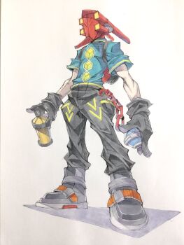 1boy backpack bag black_boots black_gloves black_pants blue_shirt bomb_rush_cyberfunk boots chain commentary cyberhead from_below full_body gloves grind_fiction helmet highres holding holding_spray_can male_focus pants peter_salt red_(bomb_rush_cyberfunk) red_bag shirt solo spray_can standing traditional_media white_background