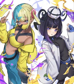 2girls bare_shoulders black_dress black_hair black_mask black_pantyhose blonde_hair blue_eyes blue_gloves blue_hair blunt_bangs blush bob_cut breasts canari_(pokemon) cleavage coat criss-cross_straps crop_top dark-skinned_female dark_skin dress gen_4_pokemon gloves gradient_hair gwynn_(pokemon) hat highres holding holding_poke_ball jacket long_sleeves looking_at_viewer mask medium_breasts midriff mouth_mask multicolored_hair multiple_girls nail_polish nest_ball nintendo off_shoulder open_clothes open_coat open_jacket open_mouth pants pantyhose partially_fingerless_gloves poke_ball pokemon pokemon_(creature) pokemon_legends:_z-a purple_eyes purple_hair quick_ball ringozeri rotom rotom_phone short_hair split-color_hair twintails two-tone_mask white_coat yellow_jacket yellow_mask