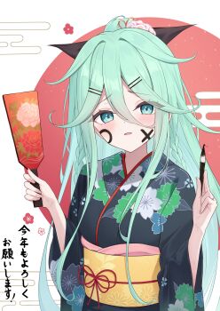 Rule 34 | 1girl, absurdres, black kimono, calligraphy brush, commentary request, facepaint, floral print, green eyes, green hair, hagoita, highres, holding, japanese clothes, kantai collection, kimono, long hair, new year, paddle, paintbrush, ponytail, solo, translation request, yachima, yamakaze (kancolle), yamakaze (new year) (kancolle)