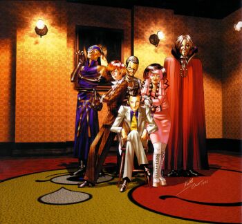 Rule 34 | 2girls, 4boys, artist name, bald, bare shoulders, black gloves, black hair, black shoes, brown hair, chair, cloak, collared shirt, crossed arms, devil summoner (game), devil summoner (series), elbow gloves, eyepatch, facial hair, formal clothes, gloves, goatee, grey hair, hairband, highres, kazuma kaneko, kisaragi marie, kuzunoha kyouji, multiple boys, multiple girls, necktie, official art, painting (object), pant suit, pants, purple shirt, red cloak, red nails, rei reiho, sanpei mitsuba, scan, shirt, shoes, signature, sitting, skirt, smile, standing, suit, takashi (devil summoner), third-party source, victor frankenstein (devil summoner), yellow necktie