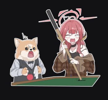 1girl 1other ^^^ alternate_costume aru_(blue_archive) ball billiard_ball black_background black_choker black_eyes black_tank_top blank_eyes blue_archive blunt_bangs blush brown_jacket choker commentary dog failure fangs furrowed_brow halo hands_up highres holding holding_stick jacket jw_(wrdawrda) long_hair long_sleeves motion_lines open_mouth pink_hair pink_halo plaid_clothes plaid_jacket pool_table simple_background single_bare_shoulder stick strap_slip surprised sweatdrop symbol-only_commentary table tank_top upper_body wavy_mouth wide_sleeves you're_doing_it_wrong