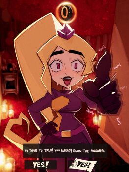 1girl blonde_hair breasts commentary english_commentary english_text gameoverse highres long_hair makeup miss_information_(gameoverse) official_style open_mouth pointing pointing_at_viewer pointing_forward polchito ponytail purple_eyes purple_lips red_eyes scene_reference smile