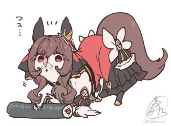 :< animal animal_ears animalization brown_hair clothed_animal commentary_request corset dress ear_covers ear_ornament eating food gentildonna_(regina_dei_fiori)_(umamusume) gentildonna_(umamusume) hair_between_eyes hair_ornament hair_rings heart-shaped_ornament heart_ear_ornament highres horse_ears horse_tail long_hair looking_at_viewer makizushi recursive_animalization red_corset red_eyes setsubun solo sushi tail takatsuki_nato tongue tongue_out umamusume