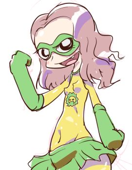 1girl black_eyes blush bodysuit boltie_(super) breasts brown_hair covered_erect_nipples domino_mask eye_mask fangs gloves green_gloves green_mask green_skirt k-nattoh libby_(super) long_hair looking_at_viewer mask open_mouth skirt small_breasts smile standing super_(2010_film) superhero_costume white_background yellow_bodysuit